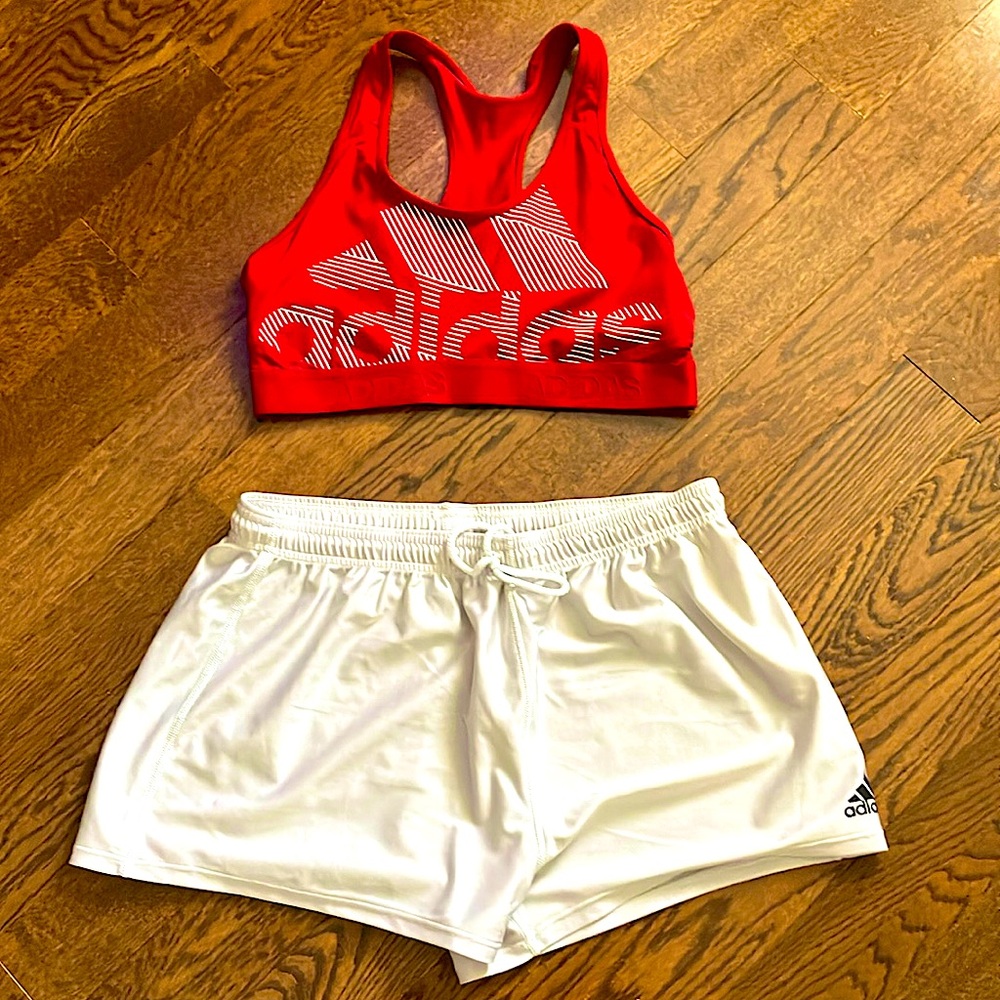 ADIDAS-white shorts that are perfect for the gym or hanging around & a comfy bra